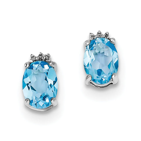 Sterling Silver Rhodium Oval SW Blue Topaz & Diamond Post Earrings QDX507 - shirin-diamonds