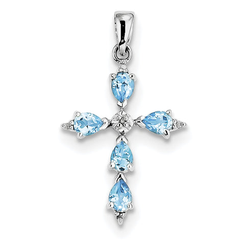 Sterling Silver Rhodium Pear Swiss Blue Topaz Cross Pendant QDX509 - shirin-diamonds