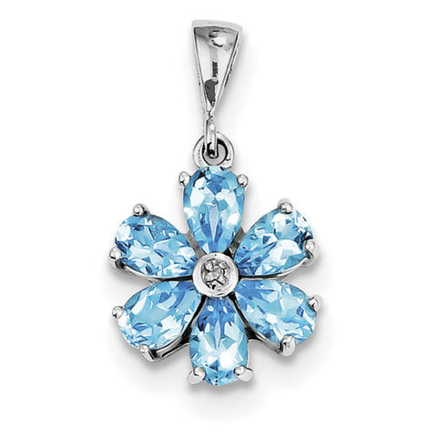Sterling Silver Rhodium Light Swiss Blue Topaz & Diamond Flower Pendant QDX516 - shirin-diamonds