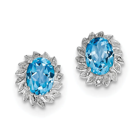 Sterling Silver Rhodium Light Swiss Blue Topaz & Diamond Post Earrings QDX520 - shirin-diamonds