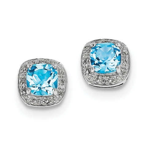 Sterling Silver Rhodium Light Swiss Blue Topaz & Diamond Post Earrings QDX521 - shirin-diamonds