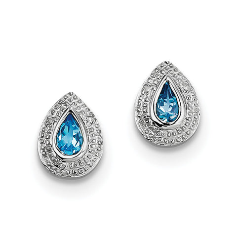 Sterling Silver Rhodium Light Swiss Blue Topaz & Diamond Post Earrings QDX544 - shirin-diamonds