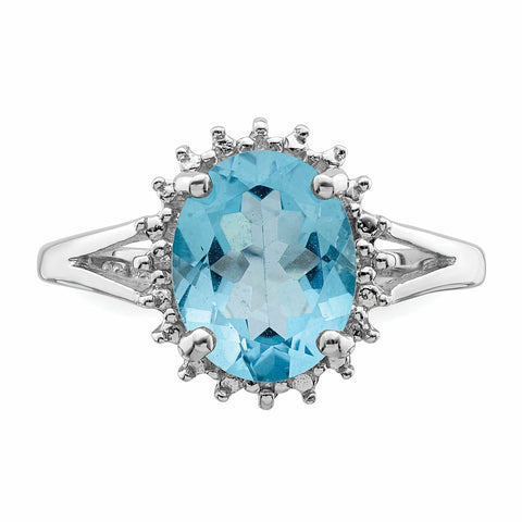 Sterling Silver Rhodium Light Swiss Blue Topaz & Diamond Ring QDX566