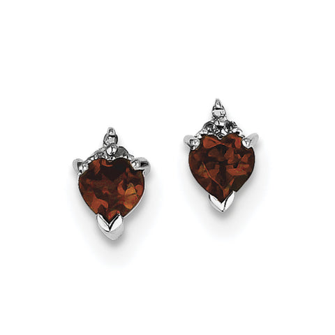 Sterling Silver Rhodium Heart Garnet & Diamond Post Earrings QDX585 - shirin-diamonds