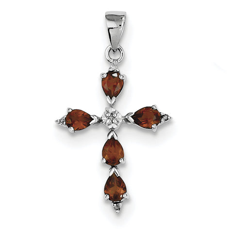 Sterling Silver Rhodium Pear Garnet Cross Pendant QDX610 - shirin-diamonds