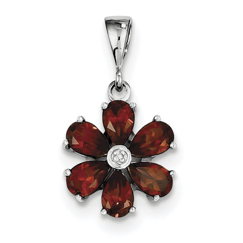 Sterling Silver Rhodium Garnet & Diamond Flower Pendant QDX619 - shirin-diamonds