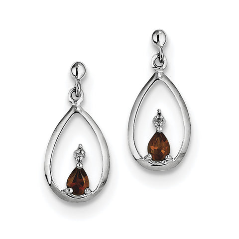 Sterling Silver Rhodium Pear Garnet & Diamond Post Earrings QDX631 - shirin-diamonds