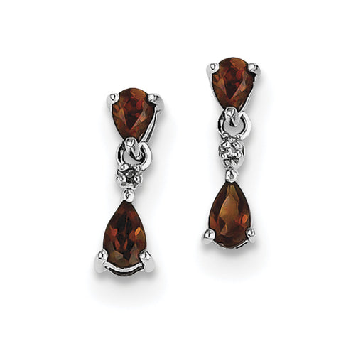 Sterling Silver Rhodium Pear Garnet & Diamond Post Earrings QDX632 - shirin-diamonds