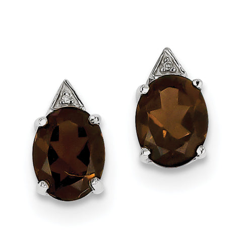 Sterling Silver Rhodium Plated Smoky Quartz Diamond Post Earrings QDX691 - shirin-diamonds