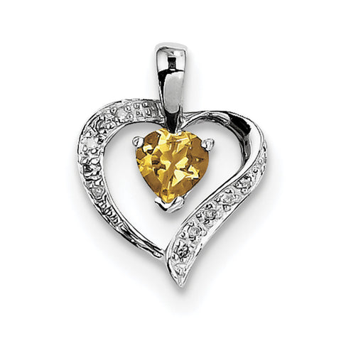 Sterling Silver Rhodium Heart Citrine & Diamond Heart Pendant QDX723 - shirin-diamonds