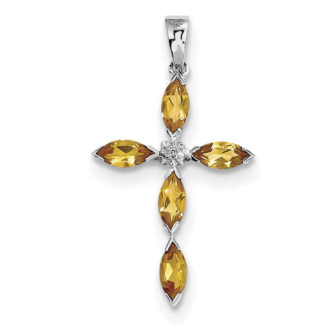 Sterling Silver Rhodium Citrine & Diamond Cross Pendant QDX761 - shirin-diamonds