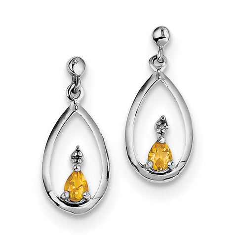 Sterling Silver Rhodium Pear Citrine & Diamond Post Earrings QDX778 - shirin-diamonds