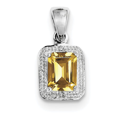 Sterling Silver Rhodium Emerald-cut Citrine & Diamond Pendant QDX785 - shirin-diamonds