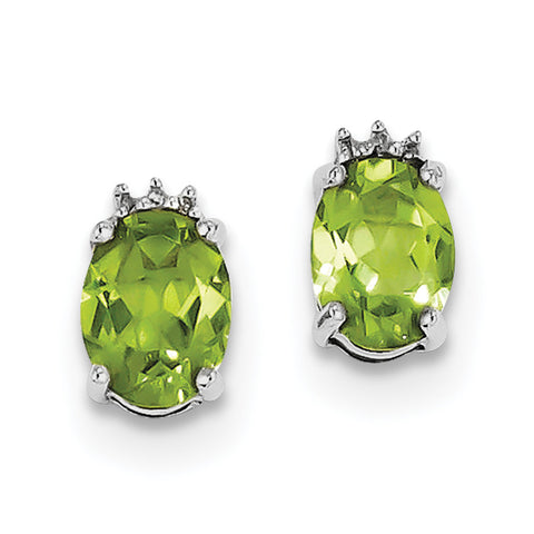 Sterling Silver Rhodium Oval Peridot & Diamond Post Earrings QDX828 - shirin-diamonds
