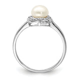 Sterling Silver Rhodium 6mm FW Cultured Button Pearl & Diamond Ring QDX854