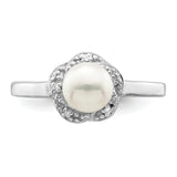 Sterling Silver Rhodium 6mm FW Cultured Button Pearl & Diamond Ring QDX854