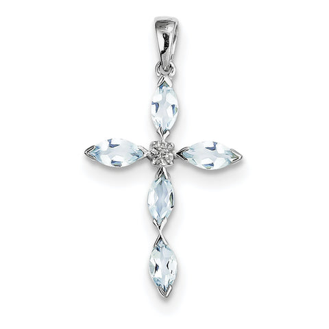 Sterling Silver Rhodium Aqua & Diamond Cross Pendant QDX884 - shirin-diamonds