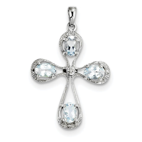 Sterling Silver Rhodium Aqua & Diamond Cross Pendant QDX885 - shirin-diamonds