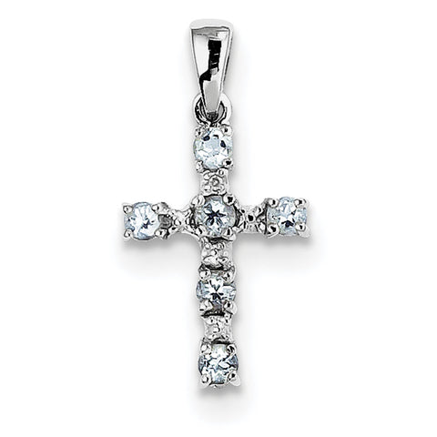 Sterling Silver Rhodium Aqua & Diamond Cross Pendant QDX888 - shirin-diamonds