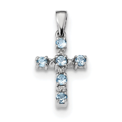 Sterling Silver Rhodium Lt Sw Blue Topaz Cross & Diamond Pendant QDX899 - shirin-diamonds