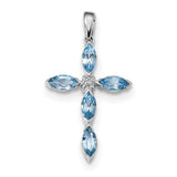 Sterling Silver Rhodium Lt Sw Blue Topaz Cross & Diamond Pendant QDX903 - shirin-diamonds