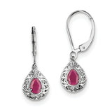 Sterling Silver Rhodium Glass Filled Ruby Teardrop Lever Back Earrings QE10017R - shirin-diamonds