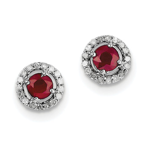 Sterling Silver Rhodium Diamond & Glass Filled Ruby Circle Post Earrings QE10105R - shirin-diamonds