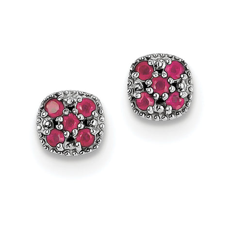 Sterling Silver Rhodium-plated Glass Filled Ruby Flower Post Earrings QE10109R - shirin-diamonds