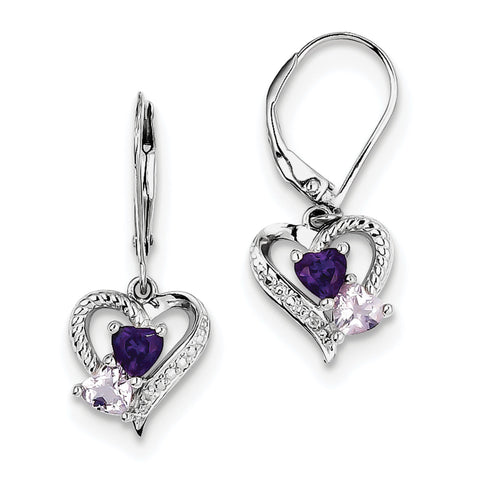 Sterling Silver Rhodium Amethyst & Pink Quartz & Diamond Heart Earrings QE10256PQ - shirin-diamonds