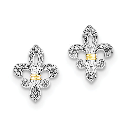 Sterling Silver Rhodium & 14k Yellow Gold Diam. Fleur de Lis Post Earrings QE10431 - shirin-diamonds