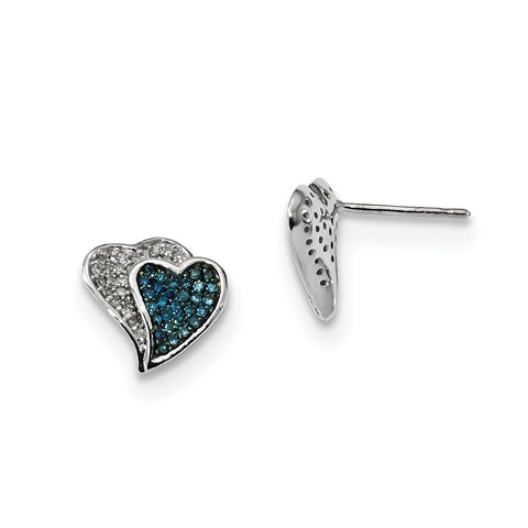 Sterling Silver Rhodium Plated Blue & White Diamond Hearts Earrings QE10723 - shirin-diamonds