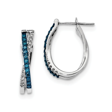 Sterling Silver Hoop White & Blue Diamond Hinged Earrings QE10783 - shirin-diamonds
