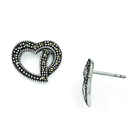 Sterling Silver Marcasite Heart Post Earrings QE11089 - shirin-diamonds