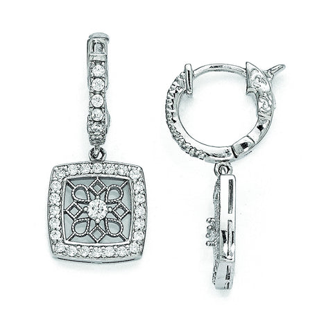 Sterling Silver Rhodium Plated CZ Hinged Hoop Dangle Square Snowflake Earri QE11279 - shirin-diamonds