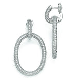 Sterling Silver Rhodium Plated CZ Oval Hinged Hoop Dangle Earrings QE11286 - shirin-diamonds