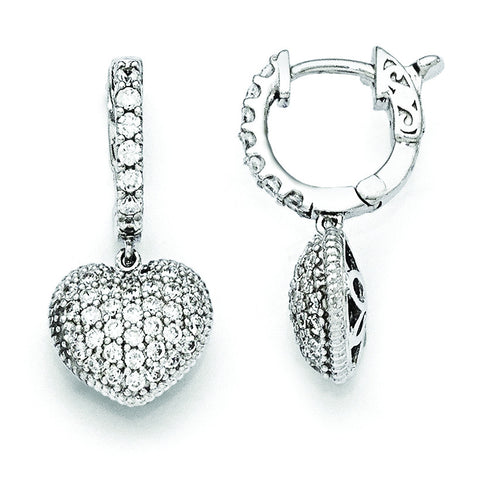 Sterling Silver Rhodium Plated CZ Hinged Hoop Dangle Heart Earrings QE11291 - shirin-diamonds