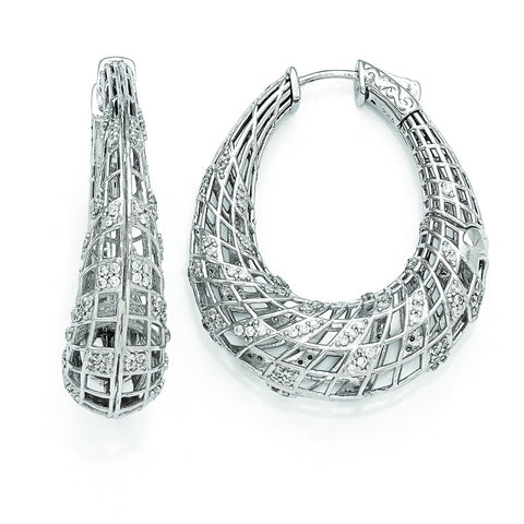 Sterling Silver Rhodium Plated CZ Oval Hinged Hoop Earrings QE11297 - shirin-diamonds