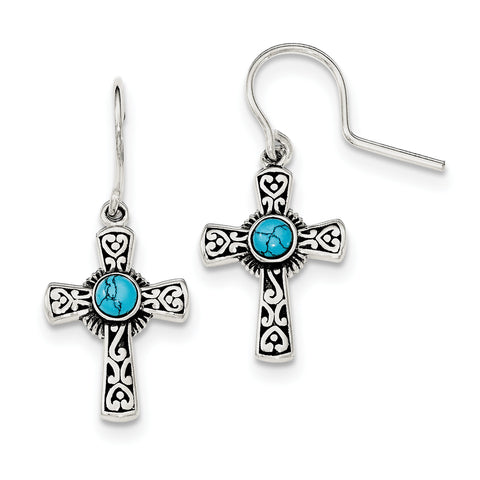 Sterling Silver Antiqued Recon Turquoise Cross Shepherd Hook Earrings QE11474 - shirin-diamonds