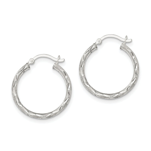 Sterling Silver Satin Finish Diamond-cut Hinged Hoop Earrings QE11495 - shirin-diamonds