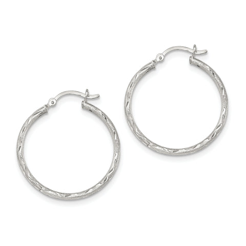 Sterling Silver Satin Finish Diamond-cut Hinged Hoop Earrings QE11496 - shirin-diamonds