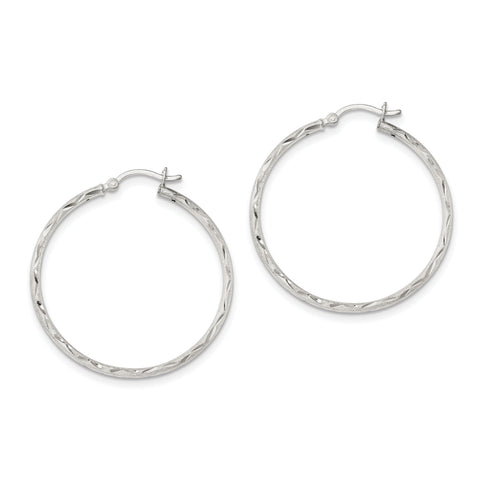 Sterling Silver Satin Finish Diamond-cut Hinged Hoop Earrings QE11498 - shirin-diamonds