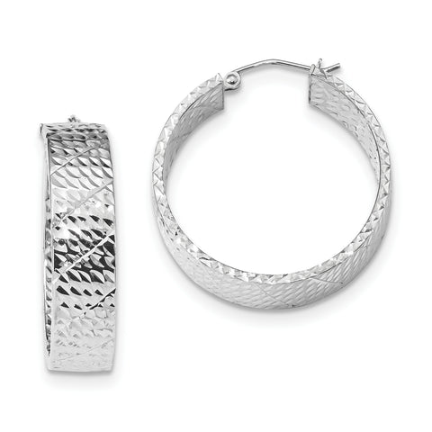 Sterling Silver Rhodium-plated Diamond-cut Hinged Hoop Earrings QE11518 - shirin-diamonds