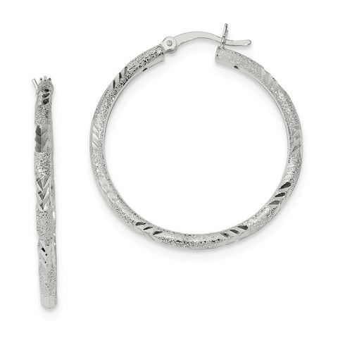 Sterling Silver Polished Diamond-cut Laser-cut Hinged Hoop Earrings QE11519 - shirin-diamonds