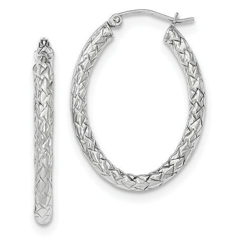 Sterling Silver Rhodium-plated Polished and Textured Oval Hoop Earrings QE11582 - shirin-diamonds