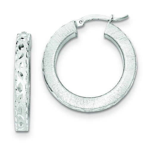 Sterling Silver Rhodium-plated Diamond-cut Hinged Hoop Earrings QE11698 - shirin-diamonds