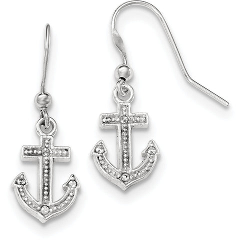 Sterling Silver Rhodium-plated Polished CZ Anchor Shepherd Hook Earrings QE11819 - shirin-diamonds