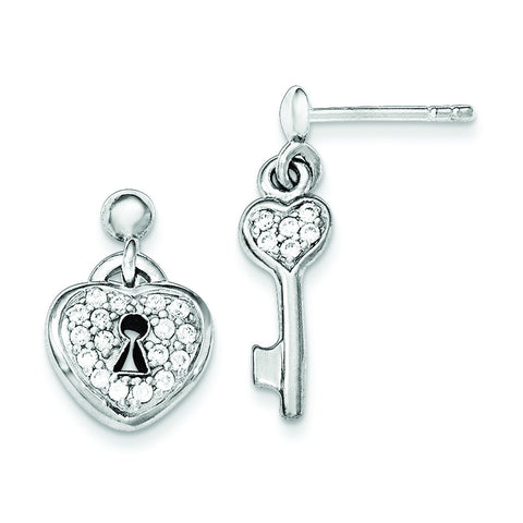 Sterling Silver Polished CZ Heart Lock & Key Post Dangle Earrings QE11892 - shirin-diamonds