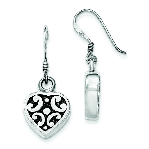 Sterling Silver Polished & Antiqued Heart Dangle Shepherd Hook Earrings QE11893 - shirin-diamonds