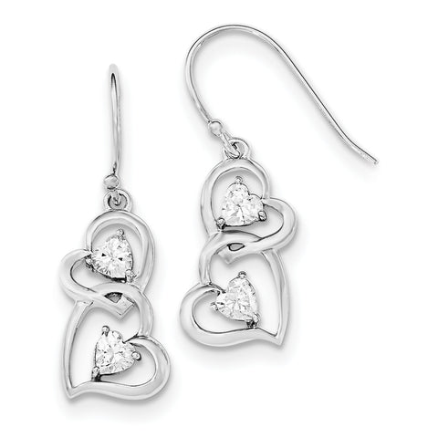 Sterling Silver Rhodium-plated CZ Heart Dangle Shepherd Hook Earrings QE11904 - shirin-diamonds