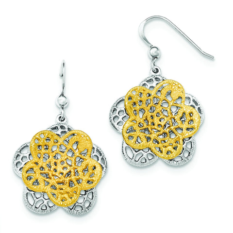 Sterling Silver Rhodium-plated Gold-tone Flower Dangle Earrings QE12125 - shirin-diamonds